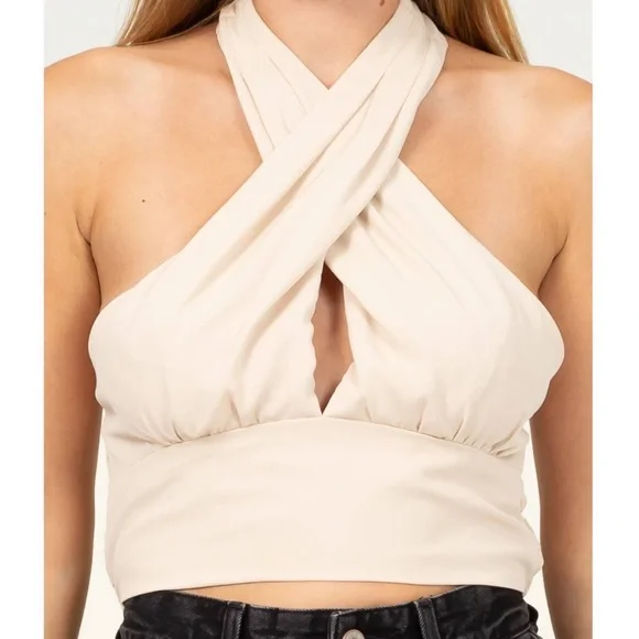 NWOT Sand Beige Criss Cross Halter Crop Top - Picture 3 of 5